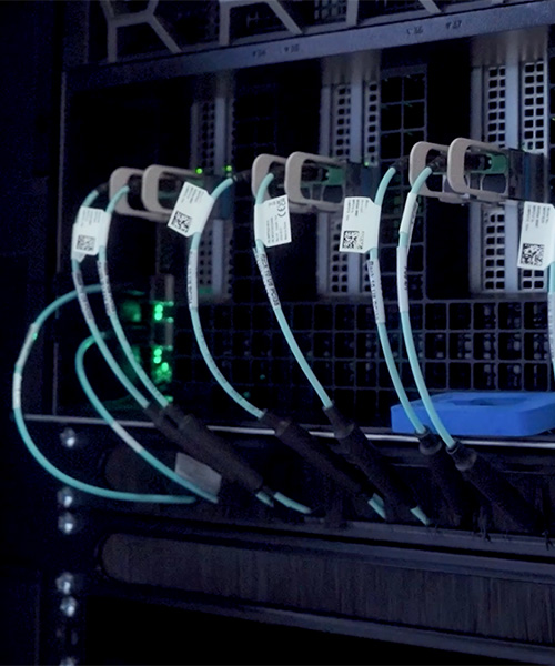 Close-up of a server rack with multiple cables connected, illuminated by a blue light.