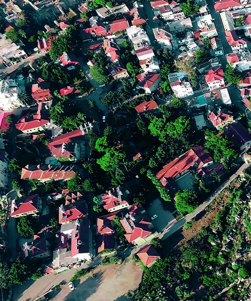 Aerial view of suburban houses.