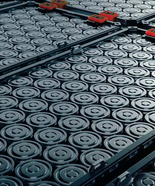 Electric vehicle battery cells stacked inside modules.