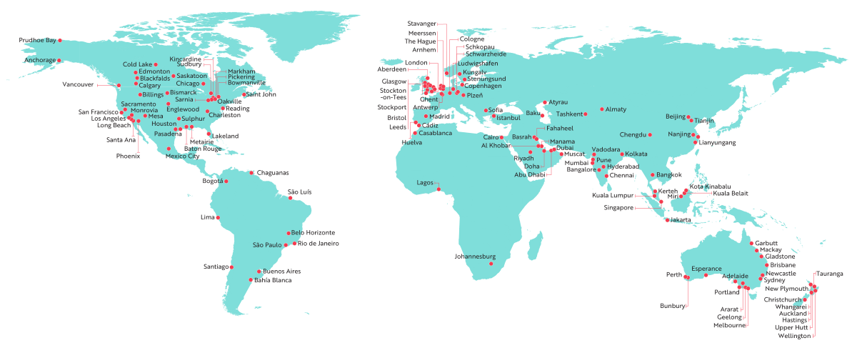 World map with Worley's office locations marked.